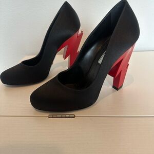 Prada Black Pumps with Red Lightning Block Heels